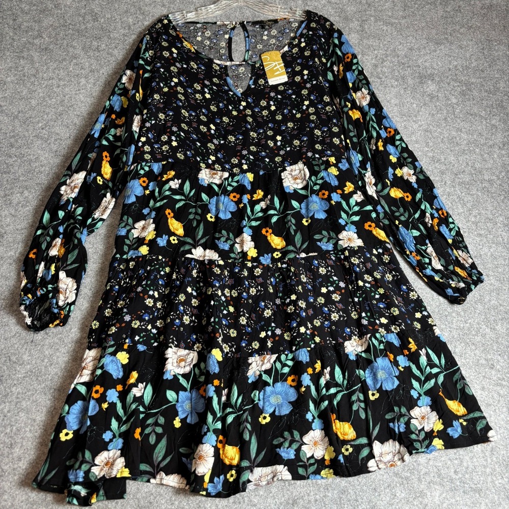 Suzanne Betro Floral Tiered Babydoll Midi Dress 1X Black Mixed Print